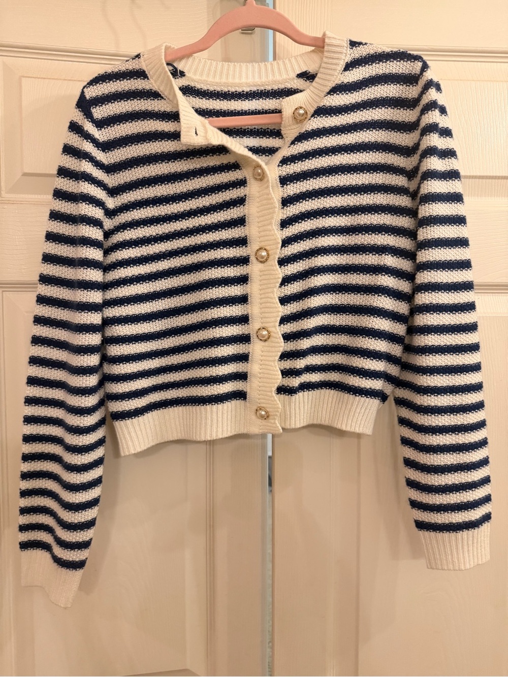Striped Navy and Cream Button-Up Women's Sweater Cardigan